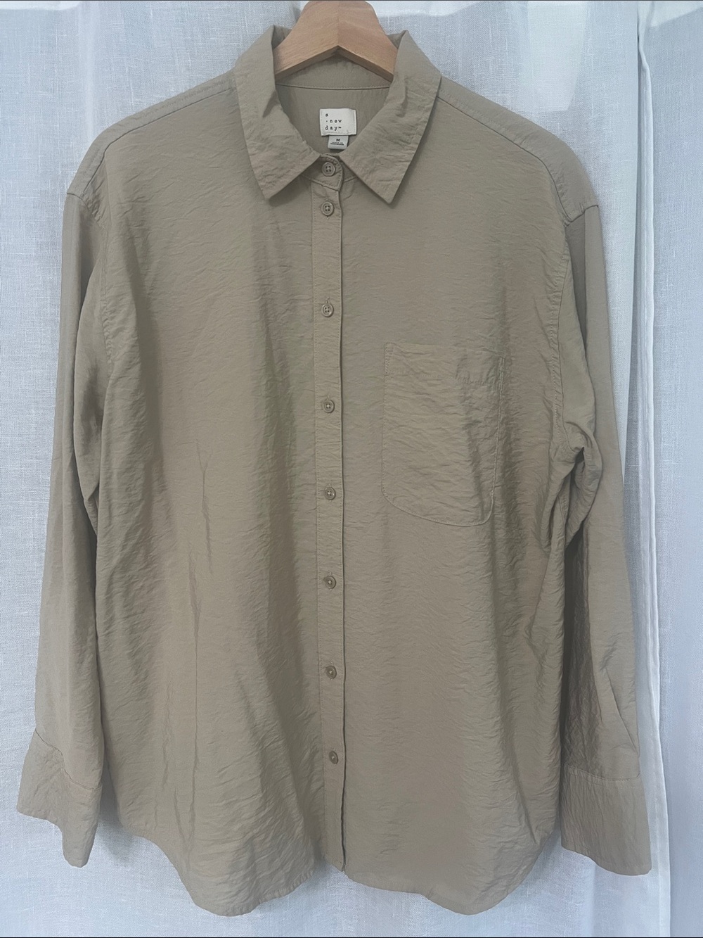 A. New Day Women’s Casual Long-Sleeve Button-Down Shirt in Taupe